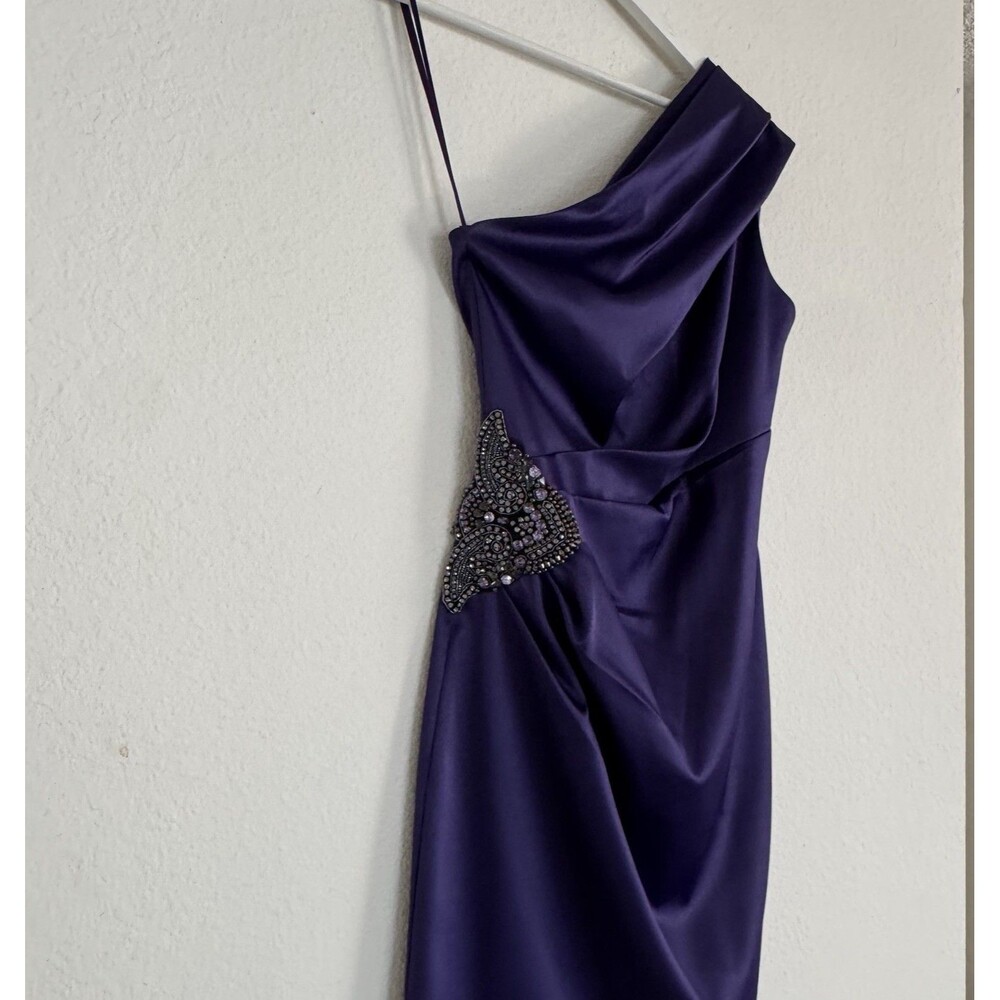 Eliza J Stretch Satin One Shoulder Cocktail Formal Dress Purple Sz 2 Embellish - Picture 11 of 16